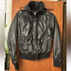 Bershka Y2K Black Nylon Bomber Hidden Hood Zipper Jacket Size Small/Medium